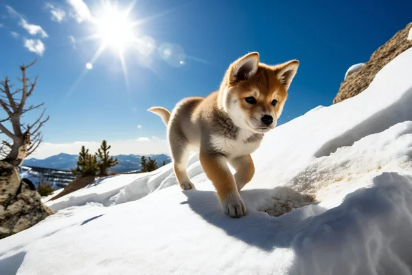 Kırmızı köpek yavrusu shiba inu güneşli bir günde mavi gökyüzüne karşı karda koşar. Yüksek kalite fotoğraf