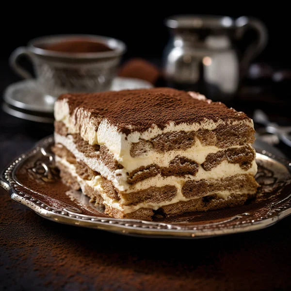 Kahverengi bir tabakta, bir kafede tiramisu bir dilim kek. Yüksek kalite fotoğraf