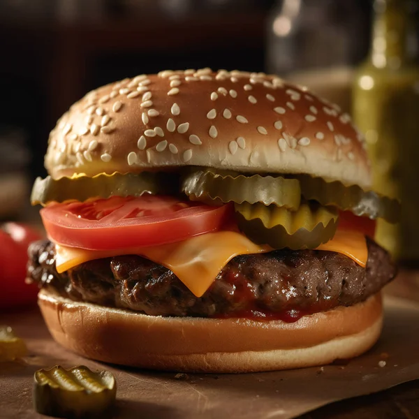 Yakın plan susamlı salatalık soslu masanda sulu hamburger çizburgeri. Yüksek kalite fotoğraf