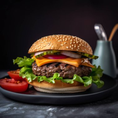 Sulu hamburger, çizburger salatası, buzdağı, salatalık, susam, siyah arka plan. Yüksek kalite fotoğraf