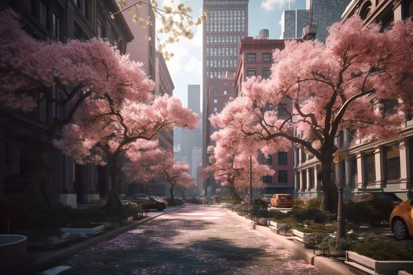 Tokyo 'da, Kiraz Çiçeği açan Büyük Şehrin Bahar Sokağı. Yüksek kalite fotoğraf