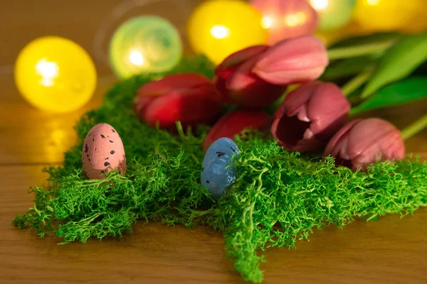 Huevos Color Pascua Sobre Hierba Verde Alrededor Tulipanes Tabla Madera —  Fotos de Stock