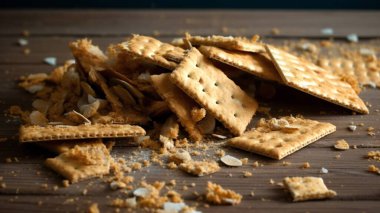 Kraker, ahşap bir masada yakın plan ışık demetinde kırılmış kurabiyeler. Yüksek kalite fotoğraf