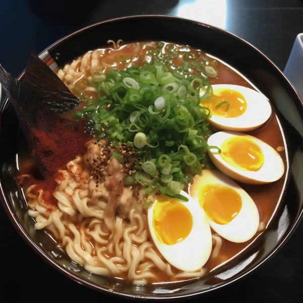 Kore erişteli ramen Japon yemeği. Yumurtalı baharatlı erişte. Yüksek kalite fotoğraf