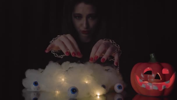 Young Witch Moves Her Hands Glowing Cloud Witchcraft Concept Halloween — Stock Video