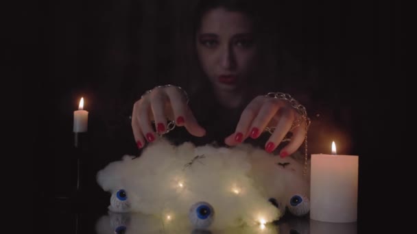 Young Witch Performs Ritual Witchcraft All Saints Day Holiday Concept — Stock Video