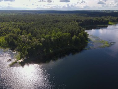 Sakin suların gökyüzünü yansıttığı ormanlık bir göl manzarası. Doğa ve manzara kavramı. Yüksek kalite fotoğraf