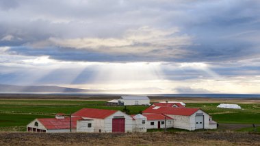 Bulutların arasından yükselen devasa güneş ışınları olan bir çiftlik, Altın Daire rotası, İzlanda Avrupa