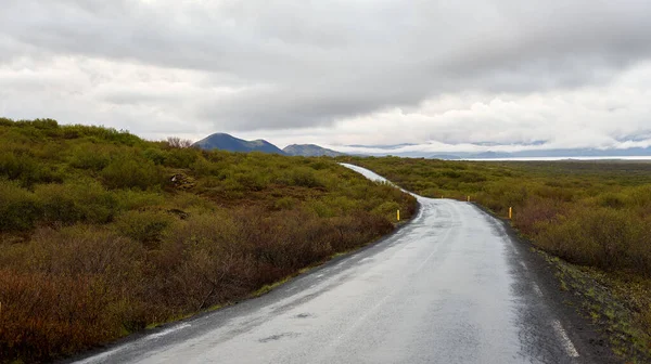 İzlanda 'da dağlarla çevrili bomboş bir yolun ortasında.