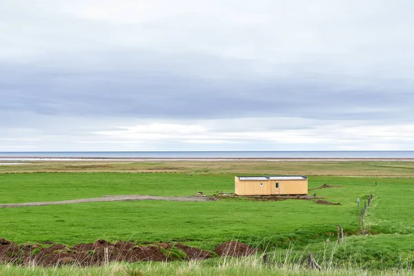 Monterat Gult Hus Äng Södra Island Med Havet Bakgrunden — Stockfoto