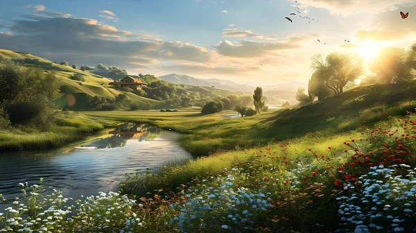 圧延丘 牧草地の川 野生の花のカラフルなフィールドと素晴らしい田園風景 — ストック写真