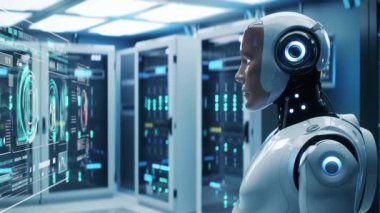 Robot kafası dijital arayüz görüntüsü olan veri sunucu odasına bakıyor