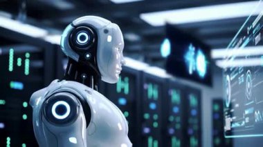 Robot başı gelecekteki teknoloji laboratuvarında veri sunucusu ekranına bakıyor
