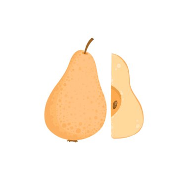 Armudu kes. Meyve yarısı, tohumlarla kesim, taze et. Sağlıklı doğal besin. Olgun çiğ yemek. Düz vektör çizimi beyaz arkaplanda izole edildi.