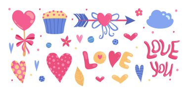 Sevgililer Günü elementleri ayarlandı. Hediye, kalp, balon, öpücük, anahtar, gül, şeker ve dekoratif çıkartma stili Vektör illüstrasyonu için diğerleri
