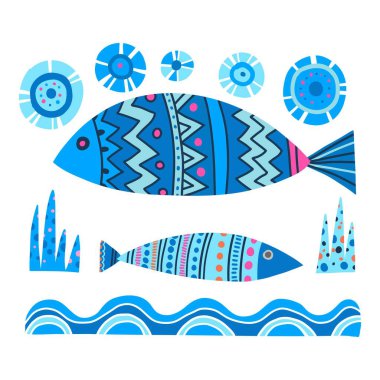 Cute doodle fish card. Around motif with fish.. Ocean marine underwater