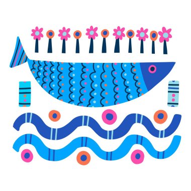 Cute doodle fish card. Around motif with fish.. Ocean marine underwater