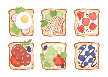 Set of toasts and sandwiches with different healthy ingredients. Slices of bread with eggs, avocado, champignons, vegetables, chocolate pasta and bananas. Flat vector illustration isolated on white
