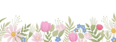 Floral border. Blossomed summer flowers, edge decoration, banner. Spring field and meadow blooming plants, beautiful wildflowers. Delicate floristic horizontal decor. Flat vector illustration.