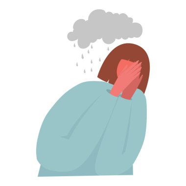 Unhappy sad girl with bad mood, suffering from grief, soul hurt, offense, sorrow and other negative psychological states and problems. Colored flat vector illustration isolated on white background