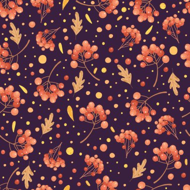 Sonbahar yaprakları ve böğürtlenli kusursuz desen. Meşe, akçaağaç yaprağı ve meşe palamudu ambalaj kağıdı olarak kullanılabilir renkli arka plan. Parlak düşüşün düz vektör çizimi