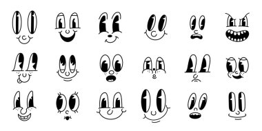 30 'lu yılların maskot karakterleri komik yüzler. 50 'li, 60' lı yılların animasyon gözleri ve ağız elementleri. Logo vektör seti için klasik komik gülümseme. Mutlu ve neşeli duyguları olan gülen karikatürler.