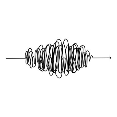 Kaotik çizgi oku. Karalama kaosu basit çizilmiş sembol, karışık karışık düğüm karalanmış çizgi. Vektör izole edildi. Karışık kablolar, karmaşık düşünceler, beyin karışıklığı, problem çözme.