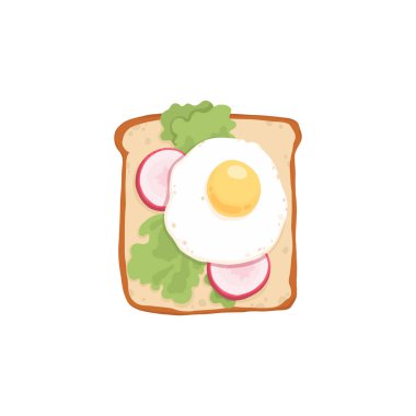 Kızarmış yumurtalı tost, roka ve krem peynirli ızgara ekmek. Taze malzemelerle dilimlenmiş sandviç. Vejetaryen atıştırması. Kahvaltılık yemek. Düz vektör çizimi beyaz arkaplanda izole edildi