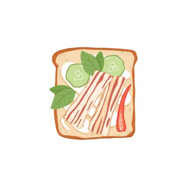 Pastırmalı tost ve uzun buğday ekmeğinin arasına doldurulmuş roka yeşili. Lezzetli atıştırmalık, etli, peynirli, soslu lezzetli fast food. Düz vektör çizimi beyaz arkaplanda izole edildi