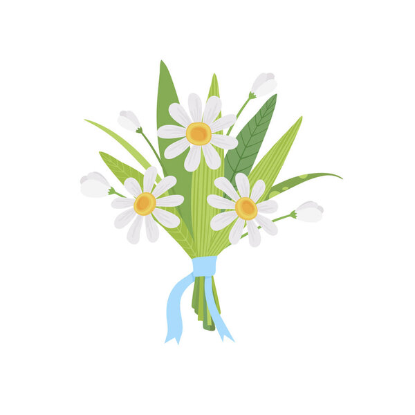 Floristic composition of beautiful garden and meadow flowers with blue ribbon. Elegant bouquet of wildflowers. Bunch of white flowers, anemones, craspedia. Flat vector cartoon illustration isolated on
