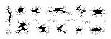 Kuru çatlaklar. Yer çatlağı, çatlak yengeç ve hasarlı duvar dokusu. Jeoloji dünya yüzeyine zarar verir, zemin delik dokusu ya da deprem duvar kağıdı çatlatır. İzole vektör işaretleri beyaz üzerine ayarlandı