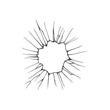 Kırık cam. Kırık pencere, kırık camsı yüzey ve cam desenli silüet. Kırık ayna ya da kurşun deliği. Beyaz arkaplanda vektör illüstrasyonu izole edilmiş simge