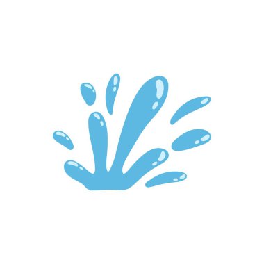 Çizgi film mavisi damlayan su damlası, sıçrama, sprey ve yırtık. Sıvı akışı, dalga, dere ve su birikintisi. Doğal su hareketi şekil vektörü. Yağmur damlasının resmi, beyaz arkaplanda sıvı sıçraması