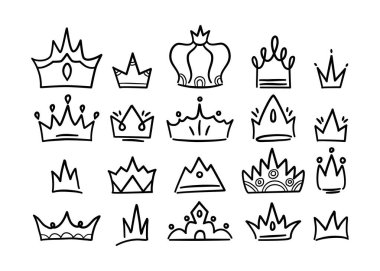 Taslak tacı. Basit graffiti taçlandırması, zarif kraliçe ya da kral el yapımı taç. Kraliyet taç giyme sembolleri, kraliyet görkemli mücevher tacı izole edilmiş ikonlar vektör illüstrasyonları beyaz üzerine dizilmiş