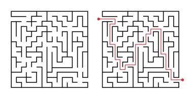 Labirent oyunu gibi. Kare labirent, labirent yolu ile basit mantık oyunu. Sınav nasıl bulunur, çıkış yolu rebus veya mantık labirenti beyaz arka planda izole edilmiş vektör illüstrasyonuna nasıl meydan okunur
