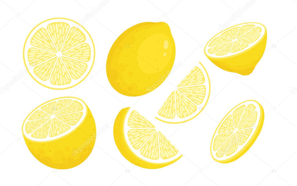 Lemon slices. Fresh citrus, half sliced lemons and chopped lemon. Cut lemons fruit slice and zest for lemonade juice or vitamin c logo. Isolated cartoon vector illustration icons set on white
