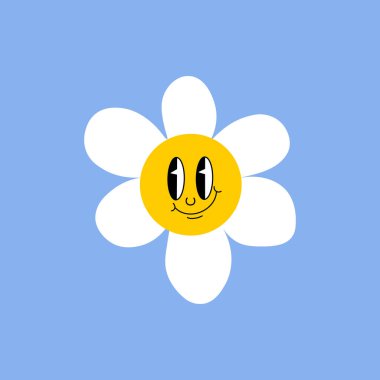 Çizgi filmdeki komik suratlı papatya çiçeği, papatya çayı karakteri. Sevimli papatya çayı, mutlu duygu. Papatyalı çocuk logosu tasarımı. Gülümsemenin resmi. Çiçek çiçeği, mavi arka planda çiçek açan papatya çiçeği.