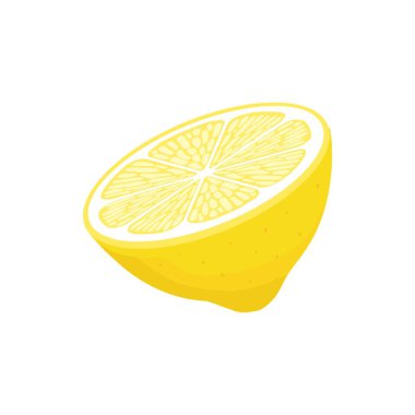 Limon dilimi. Taze narenciye, yarım dilimlenmiş limon ve doğranmış limon. Limonata suyu ya da C vitamini logosu için limon dilimi ve lezzet kes. Beyaz arkaplanda izole edilmiş çizgi film vektör resimleme simgesi