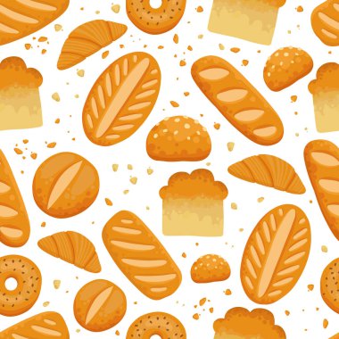 Ekmek deseni. Ekmeksiz baget kruvasan, simit, taze karikatür yemeği. Vektör dokusu. Taze ekmek, lezzetli çörekler. Yumuşak arkaplan renginde tatlı pasta kumaşı