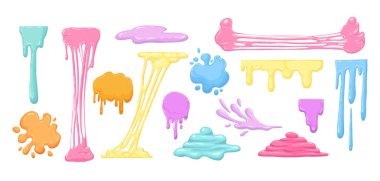 Çizgi film yapışkan sümüğü. Sıvı çamur sıçrar, mukus sıçrar. Beyaz arkaplanda jöle damlatan düz vektör çizimi