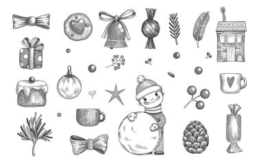Noel nesnesi seti. El çizimi vektör çizimi. Xmas koleksiyonu. Kutsal bayram gravürü, ökseotu, çelenk, çorap, çorap, hediye, köknar ağacı, çam kozalağı, zencefilli kurabiye, çan ve yay