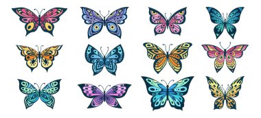 El çizimi kelebek. Çiçek kelebekleri, güve kanatları ve bahar renkli uçan böcekler. Beyaz arkaplanda uçan papilon kelebeği izole edilmiş vektör koleksiyonu çiziliyor.