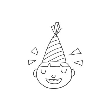 Mutlu çocuk yüzlü parti karalaması. Doğum günü süslemesi, hediye kutusu, pasta, eskiz tarzında parti şapkaları. El çizimi vektör çizimi beyaz arkaplanda izole edildi