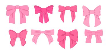 Basit el çizimi pembe kurdele yay koleksiyonu. Dekorasyon için bovling topu, büyük bir çift papyon. Büyük retro el çizilmiş kurdele çizimi seti. Çeşitli çizgi film düğümleri, nazik hediye kurdeleleri.