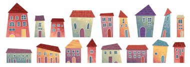 Küçük şirin evler. Çizgi filmlerdeki küçük kasaba evleri, minimalizm şehir binaları, varoşlardaki konut vektör çizimi simgeleri. Ev küçük çok renkli, yapı kasabası dış yüzey.