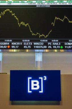 Sao Paulo, Brezilya, 22 Kasım 2022. B3, Brasil, Bolsa, Balcao 'nun modern ziyaretçi merkezinde, BOVESPA, Sao Paulo Menkul Kıymetler Borsası, şehir merkezindeki merkezde hisse senedi alıntılarıyla görüntüle