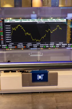 Sao Paulo, Brezilya, 22 Kasım 2022. B3, Brasil, Bolsa, Balcao 'nun modern ziyaretçi merkezinde, BOVESPA, Sao Paulo Menkul Kıymetler Borsası, şehir merkezindeki merkezde hisse senedi alıntılarıyla görüntüle