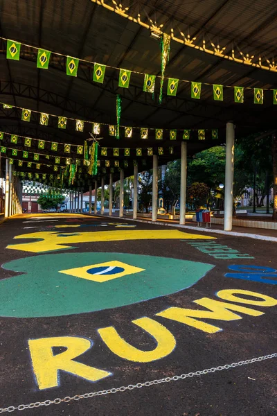 Decoration made by the fans of the Brazilian team with the words heading to the sixth for the World Cup in Qatar with flags and paintings in a city in Brazil