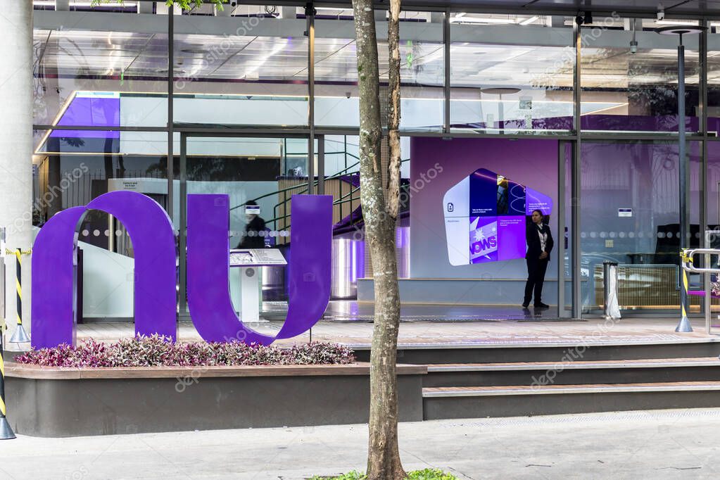Sao Paulo, Brazil, November 20, 2022: the front of the nubank digital bank headquarter in Sao Paulo city