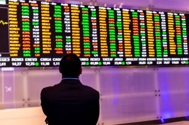 Sao Paulo, Brazil, November 22, 2022. Display with stock quotes in the modern visitor center of B3, Brasil, Bolsa, Balcao, in the headquarters of BOVESPA, Sao Paulo Stock Exchange, in downtown city clipart